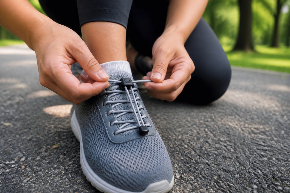 Close-up of a runner's hands adjusting an elastic no-tie lace on a sneaker, showing the locking mechanism and snug fit, natural daylight in a park setting