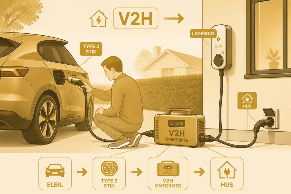 Eine Person schließt einen V2H-Konverter an ein Elektroauto mit Typ-2-Stecker an; die Ladebox ist im Hintergrund auf einer Wohnstraße zu sehen.