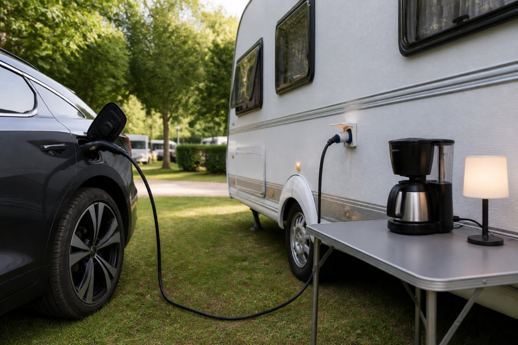En elbil parkeret ved en campingvogn på en dansk campingplads. Et kabel løber fra bilens Type 2-ladestik til en stikdåse på campingvognens side, hvor en lille lampe og en kaffemaskine er tilsluttet. Dagslys, grønne træer i baggrunden