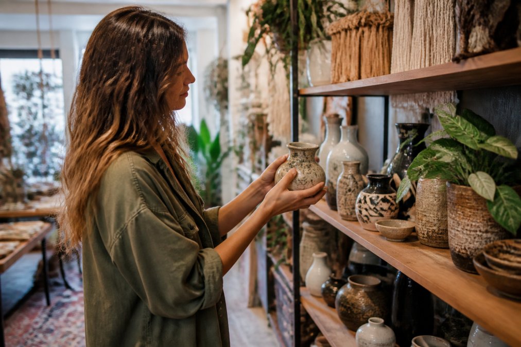 Customer browsing shelves of artisan home decor items and unique handcrafted gifts displayed with natural lighting, examining distinctive pieces with genuine interest