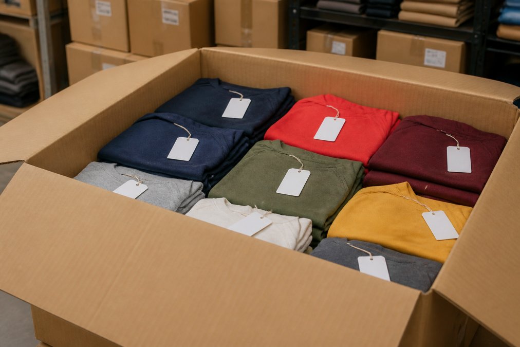 Open wholesale box displaying neatly organized, tagged clothing items in various colors and sizes, showing professionally packed inventory ready for resale with clear visibility of quality and presentation