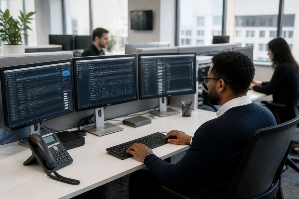 Small business team of professionals working at desks with multiple monitors displaying network dashboards, security alerts, and management consoles in a bright modern office with natural lighting