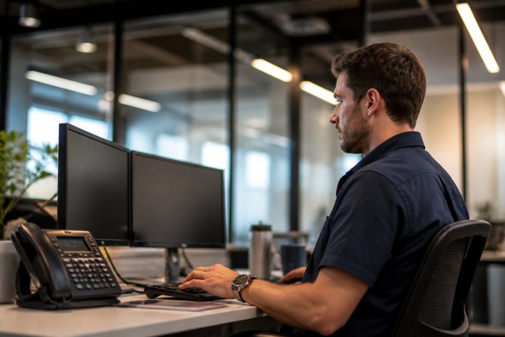 IT professional sitting at a workstation with hands on keyboard, multiple screens displaying system migration dashboards and monitoring tools during a transition, modern office environment with professional lighting