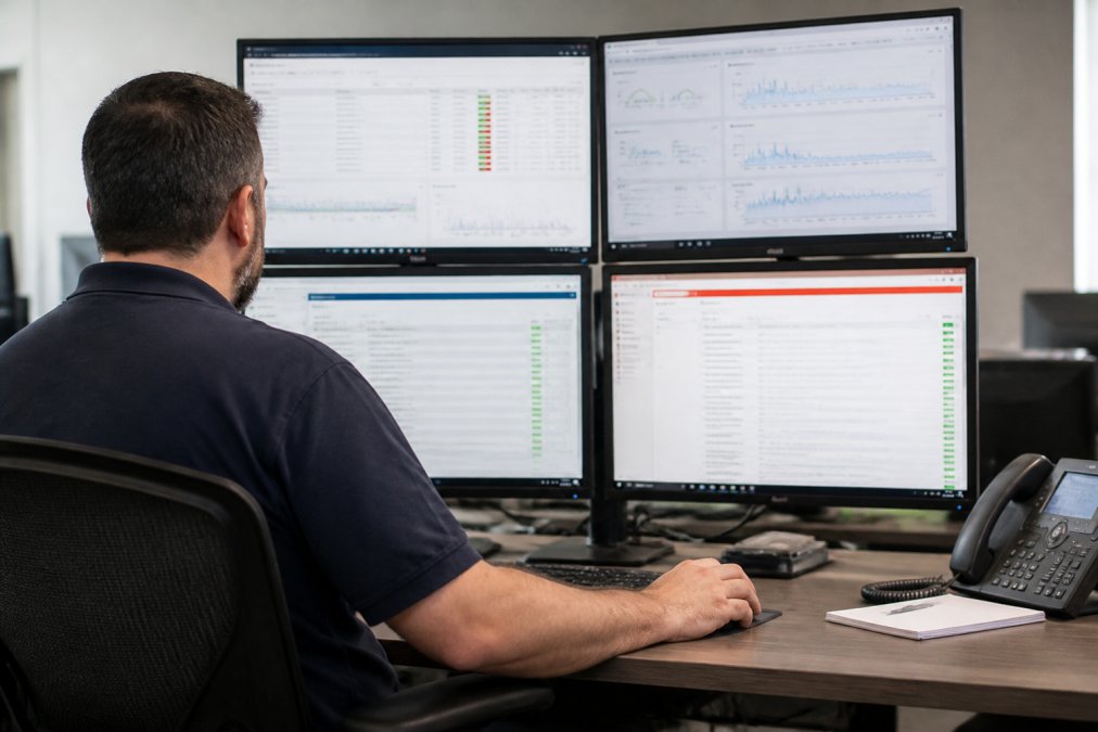 IT manager at a desk monitoring multiple screens displaying network dashboards, endpoint management alerts, and real-time system monitoring data