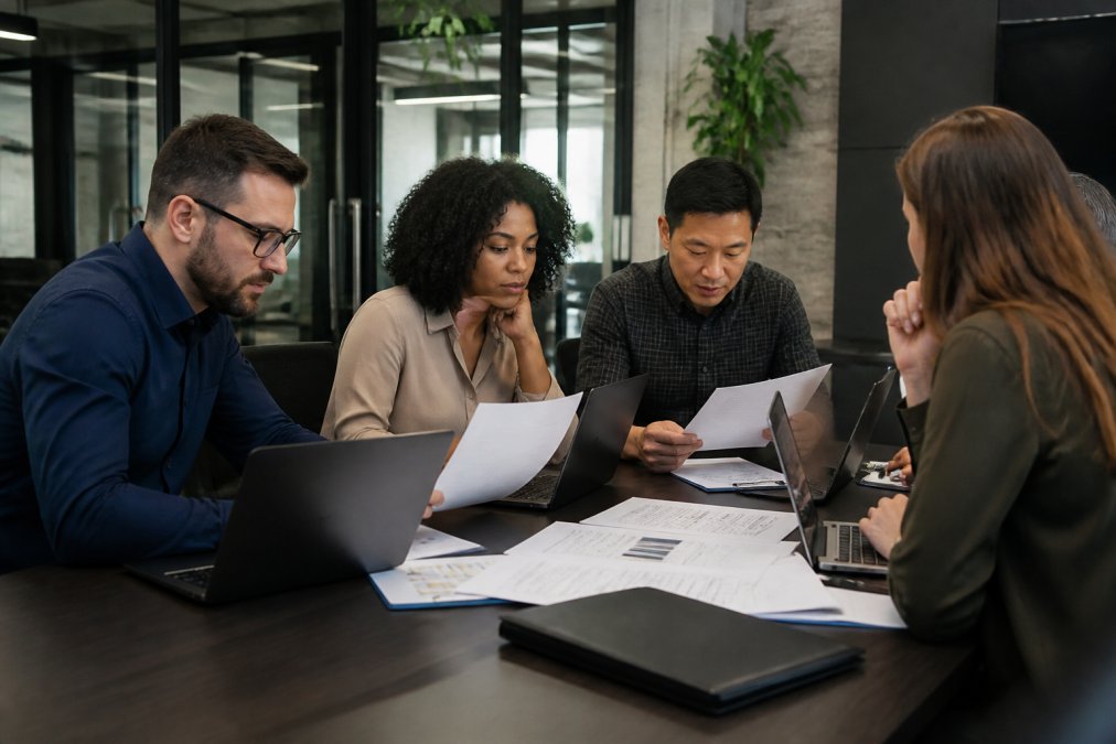 Business team gathered around a conference table reviewing IT infrastructure documentation and security compliance requirements on laptops and printed materials