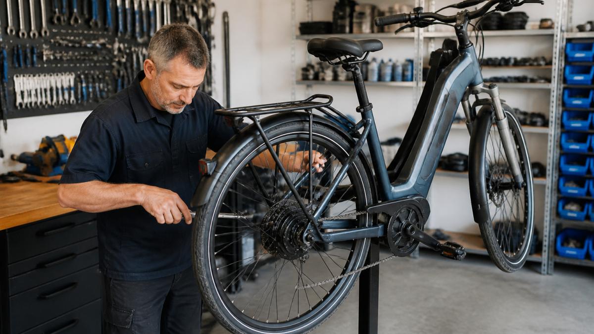A mechanic in a bright workshop adjusting the rear hub motor and battery of a step-through electric bike on a repair stand, tools and parts visible on the bench behind