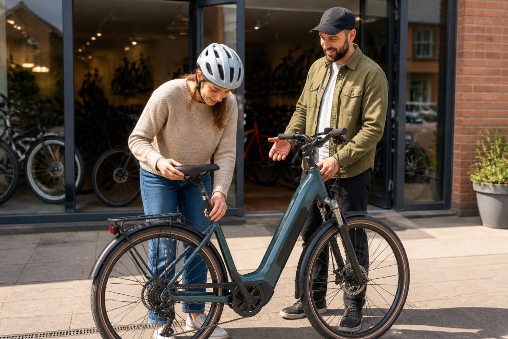 A rider adjusting the saddle height on a step-through commuter e-bike outside a bike shop, with a staff member standing nearby offering guidance in soft afternoon light