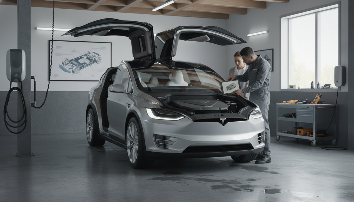 A technician in a clean workshop reviewing a service checklist on a clipboard next to a white Tesla Model X with the falcon wing doors open, under bright overhead workshop lighting
