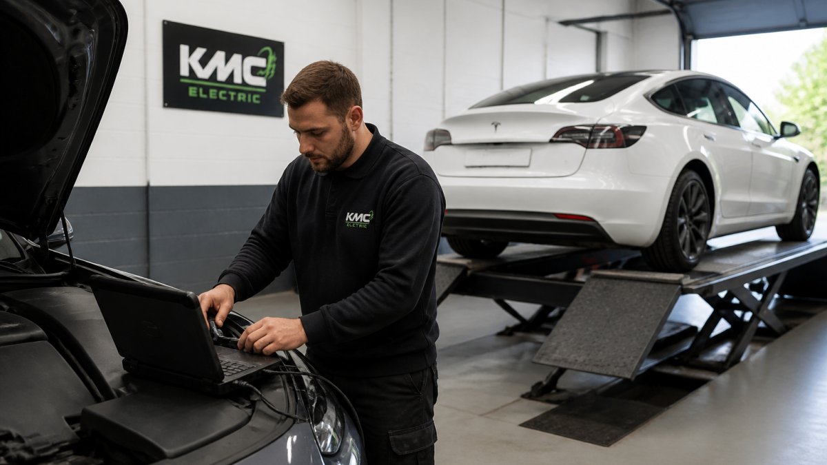 A technician in clean workwear connecting a diagnostic laptop to an electric car in a tidy independent workshop, with the vehicle raised slightly on a ramp in the background