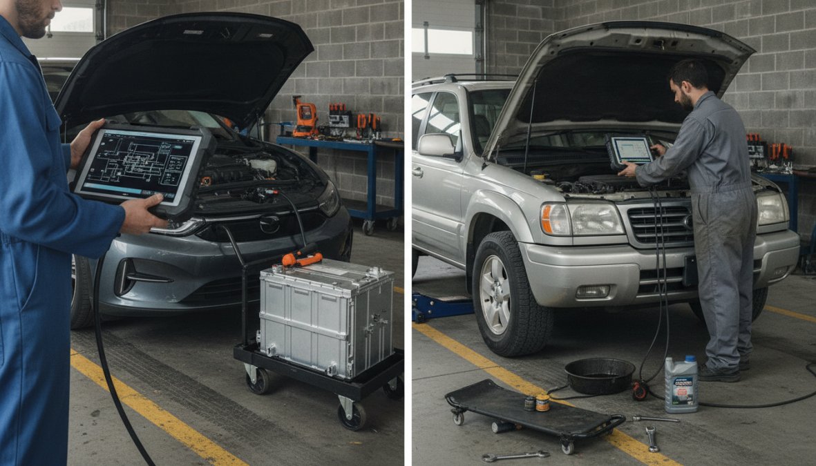 Side-by-side comparison of diagnostic and qualified and technician concepts for electric car service vs traditional service