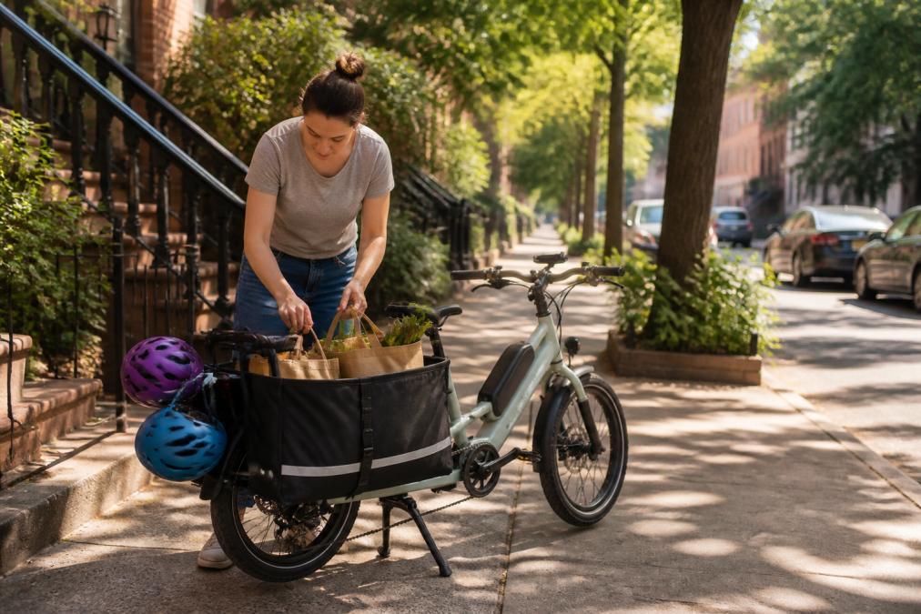 A parent loading reusable grocery bags into large panniers on a long-tail electric cargo bike parked on a sunny urban sidewalk, children's helmets hanging from the rear rack, warm afternoon light