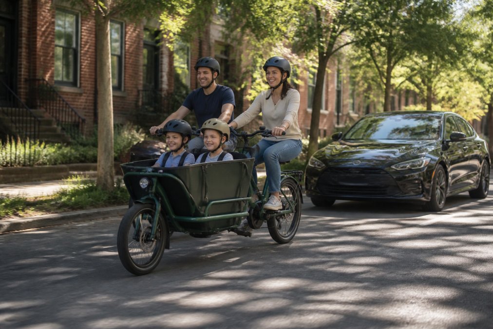 A family of four riding together on a front-loader electric cargo bike through a tree-lined city street, parents and two young children smiling, urban row houses in the background, bright morning light