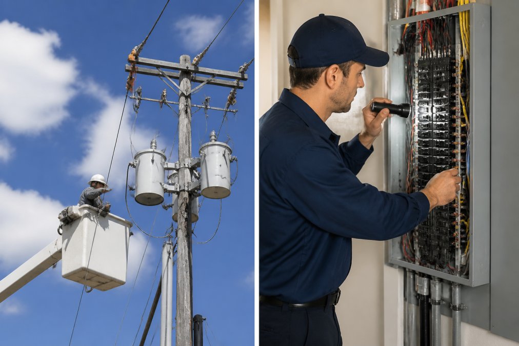 A licensed electrician in a work uniform standing beside an open residential electrical panel, reviewing wiring with a flashlight in a well-lit utility room