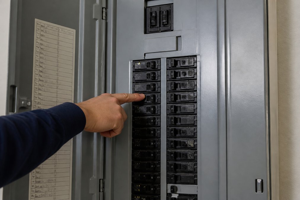 Close-up of a modern circuit breaker panel with clearly labeled breakers, mounted on a wall inside a home, with an electrician's hand pointing to a specific breaker