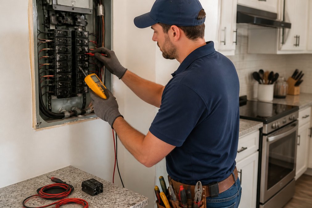Professional electrician examining circuit breaker panel and testing wiring with voltage tester in residential home