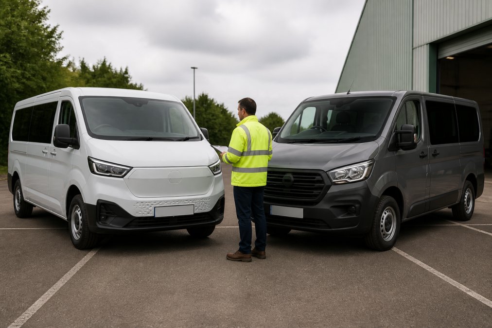 An electric crew van and a diesel crew van parked side by side in a UK commercial yard, with a fleet manager in high-visibility clothing inspecting both vehicles on a bright overcast day