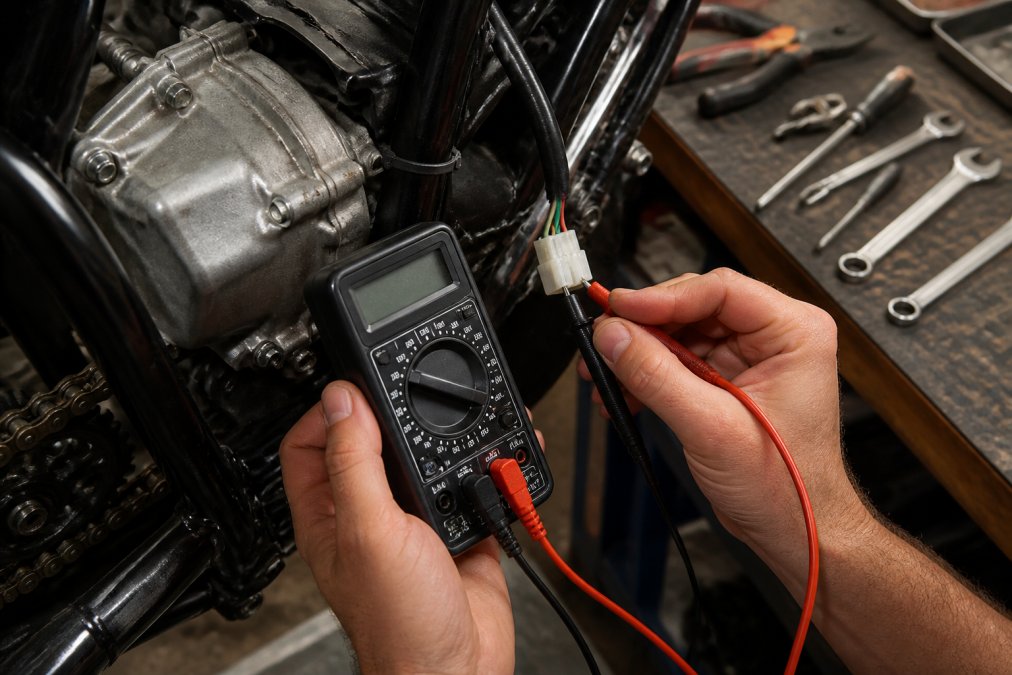 Hands using a digital multimeter to test the Hall sensor connector on an electric dirt bike motor in a workshop