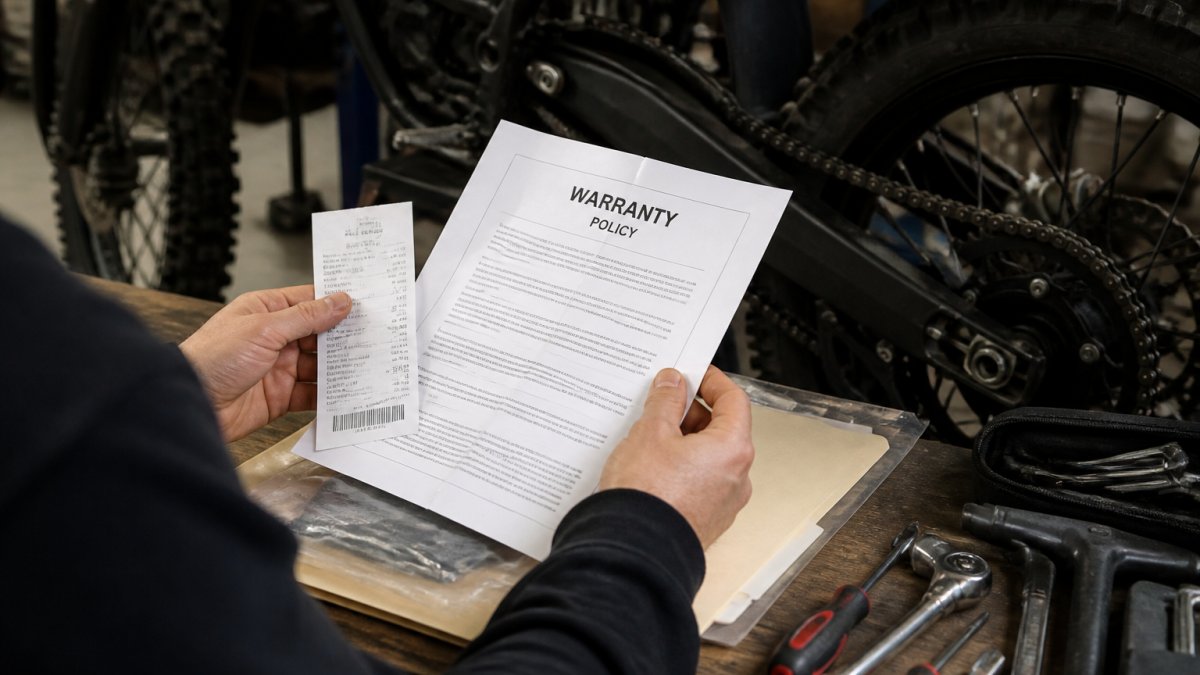 Close-up of hands holding an electric dirt bike receipt and warranty documentation on a workbench with tools nearby