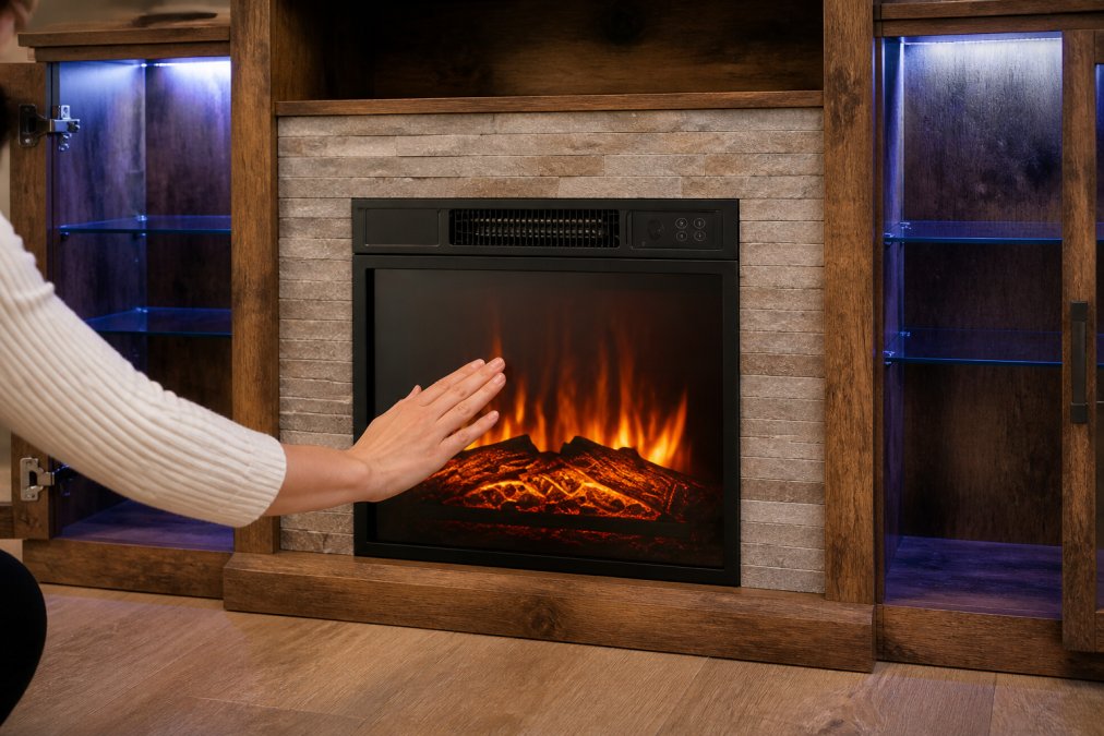 Close-up of a hand positioned near the glass front of a modern electric fireplace showing warm amber flames within, demonstrating safe cool-touch surface design without direct contact