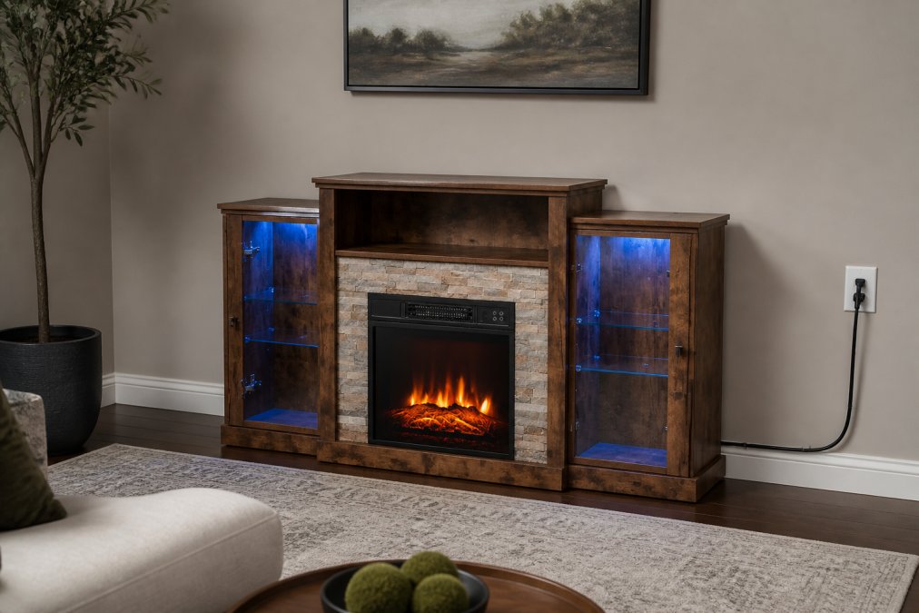 A properly installed electric fireplace mounted securely on a living room wall with visible clearance space around all sides, showing correct power cord routing along the wall and connection to a nearby grounded outlet