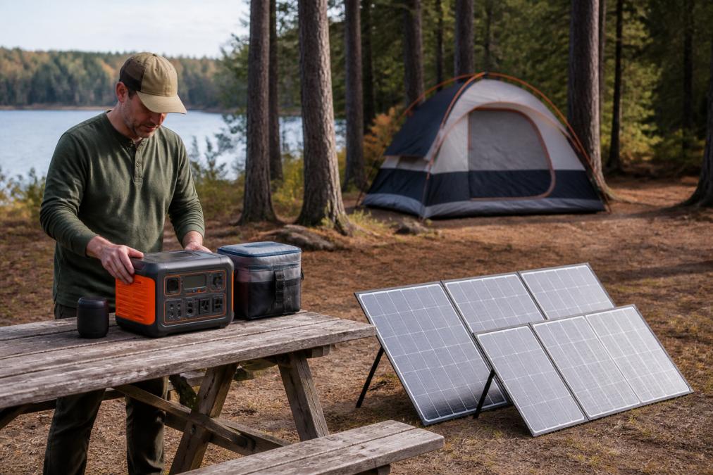 A person in casual outdoor clothing setting up a portable solar generator on a picnic table beside a campsite, portable solar panels propped toward the sun and a small cooler nearby