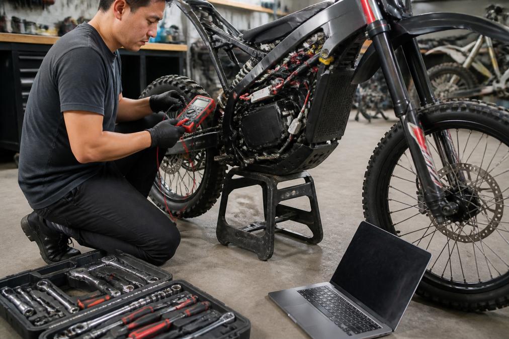A mechanic in a workshop kneeling beside an electric dirt bike, holding a multimeter with probes on the battery connector, tools and a laptop with diagnostic software nearby