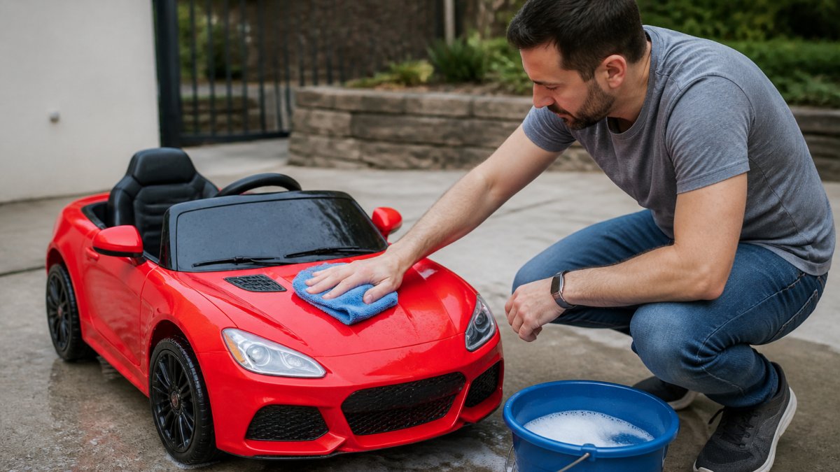 Parent carefully wiping down a colorful electric ride-on car with a soft cloth in a driveway, showing proper cleaning technique and attention to detail