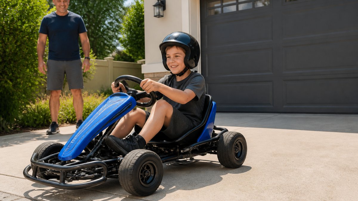 An eight-year-old child sitting comfortably in the driver's seat of a blue electric drift go-kart on a paved driveway, hands on the wheel, wearing a helmet, with a parent standing nearby