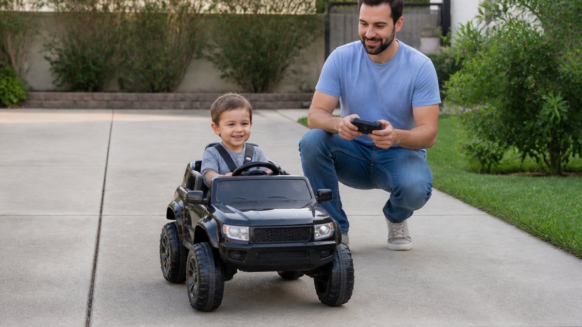 Parent supervising young child driving electric ride-on car in safe backyard setting, parent holding remote control while child wears seatbelt, driveway or patio visible