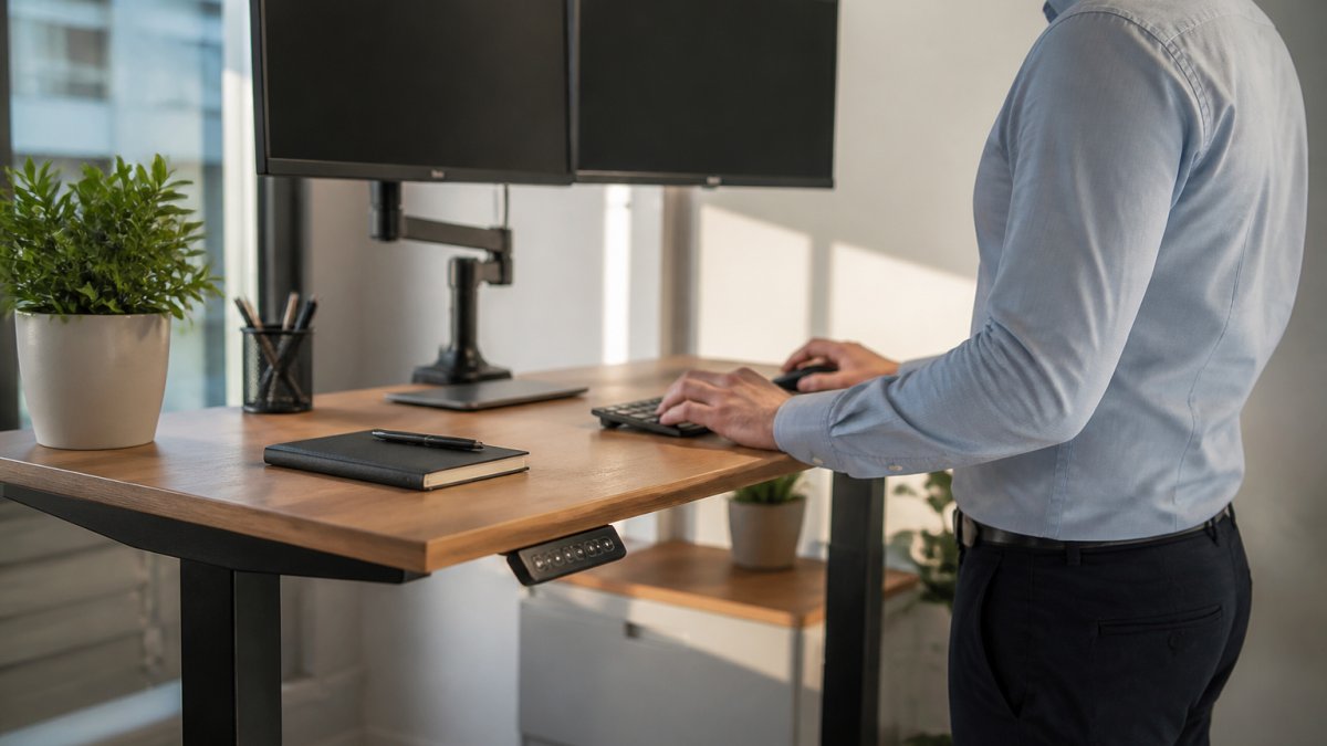 Professional working at an electric standing desk in raised position, demonstrating proper standing posture with dual monitors and natural office lighting