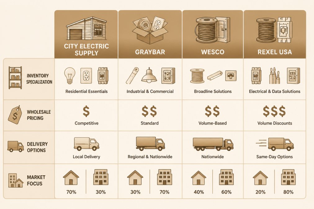 Comparison matrix showing City Electric Supply, Graybar, WESCO, and Rexel USA across inventory specialization, wholesale pricing, delivery options, and market focus (residential vs commercial)