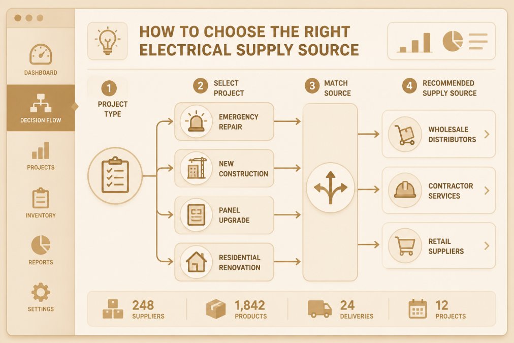 Decision flowchart for selecting between wholesale distributors, contractor services, and retail suppliers based on project type: emergency repair, new construction, panel upgrade, residential renovation