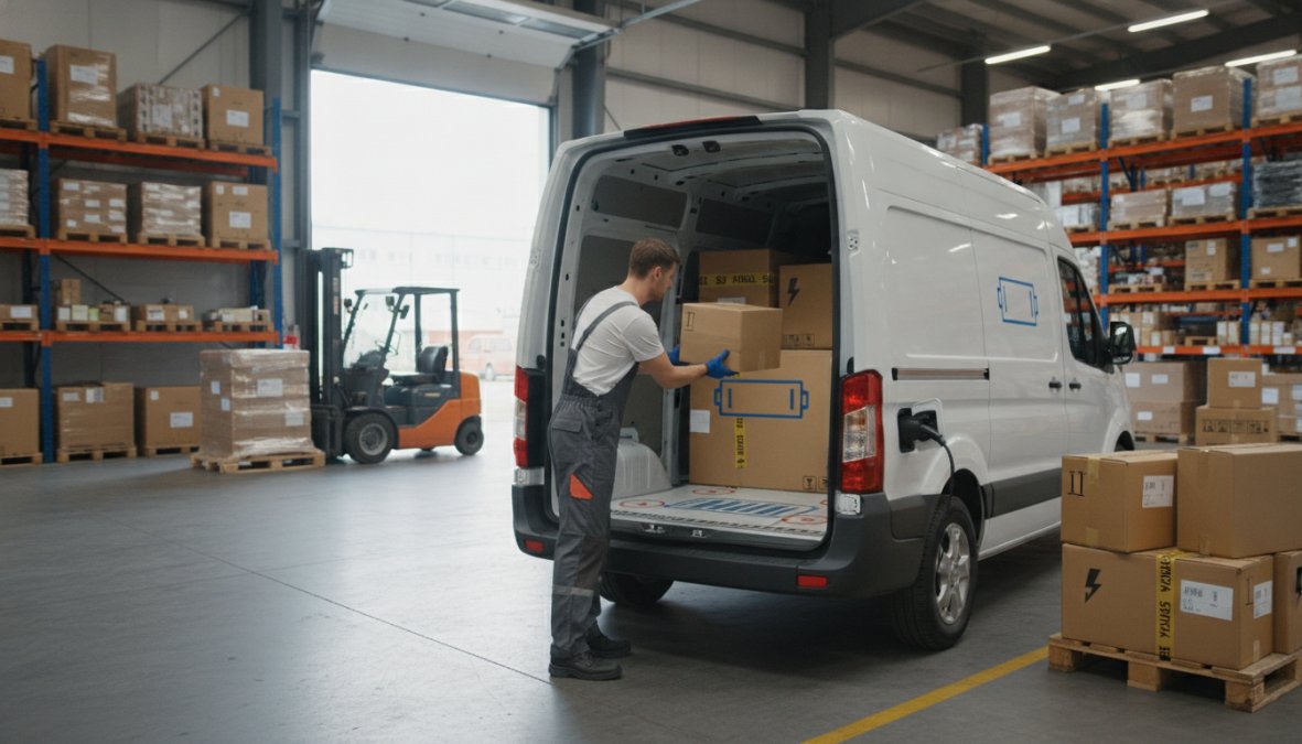 Delivery driver loading cardboard boxes into the cargo bay of an electric van, with visible weight distribution markings on the floor and battery pack visible beneath the vehicle
