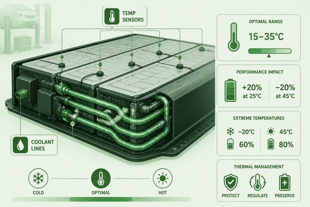 Cross-section of an EV battery pack with thermal cooling system visible, showing coolant channels running through battery modules and temperature sensors mounted on the casing in a technical workshop setting