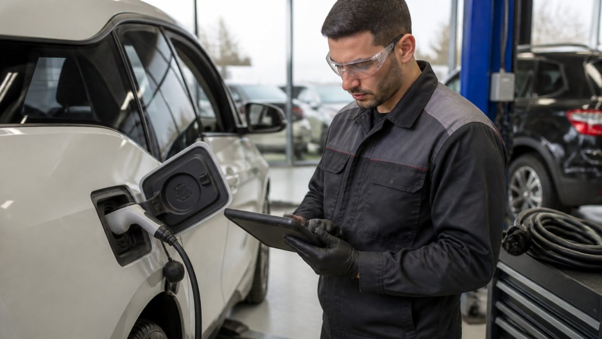 A technician in a clean, well-lit garage using a diagnostic tablet next to an electric vehicle with the charging port open, cables neatly coiled nearby