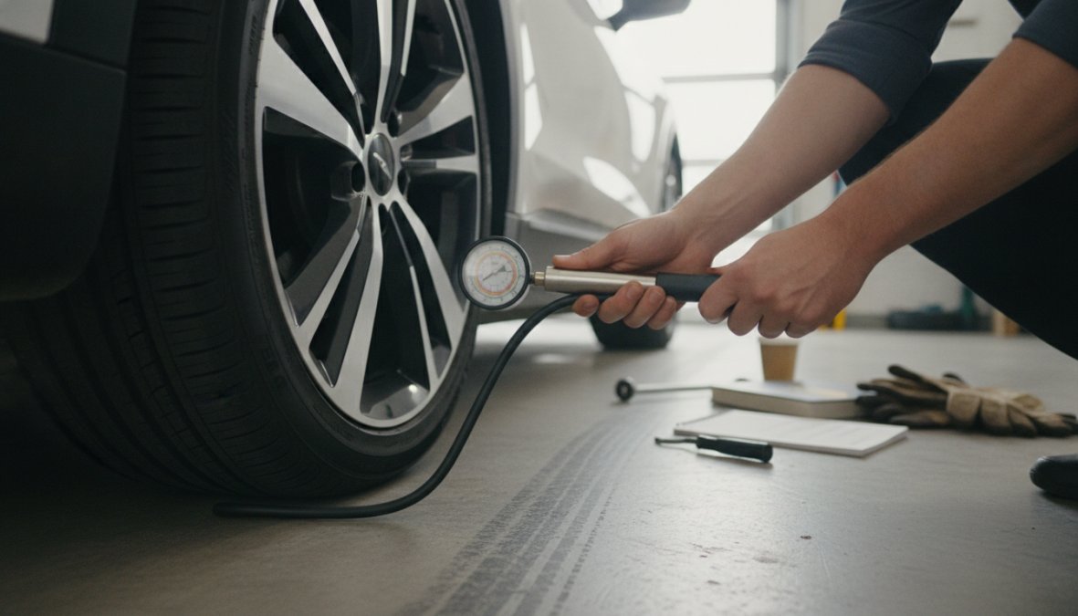A mechanic in a professional workshop crouching beside an electric vehicle wheel, inspecting tyre tread depth with a gauge tool under bright workshop lighting