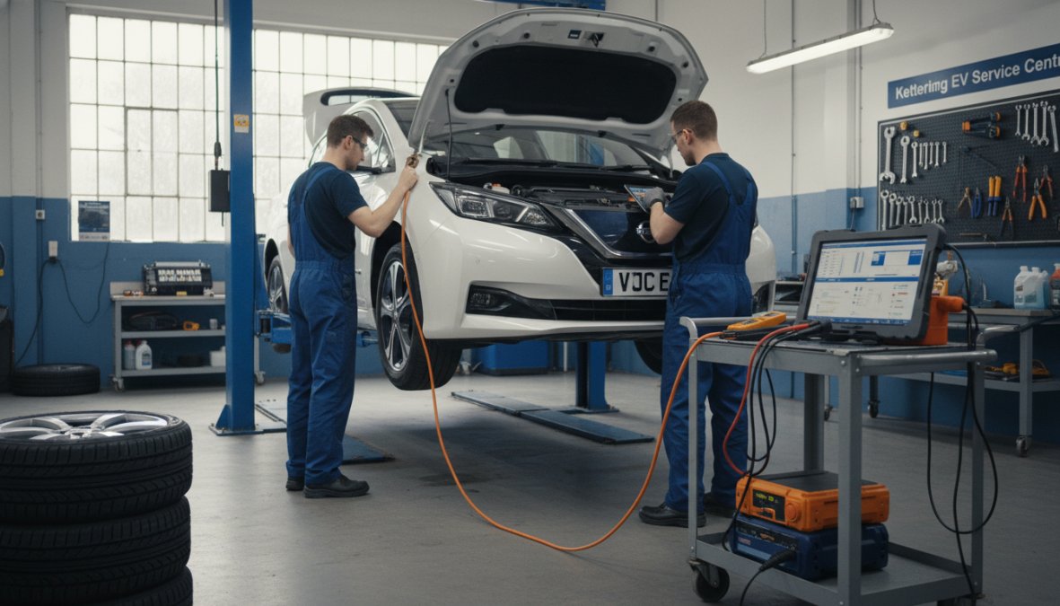 A qualified technician in a well-lit workshop inspecting the underside of a white electric vehicle elevated on a hydraulic ramp, with a laptop running diagnostic software visible on a nearby workbench