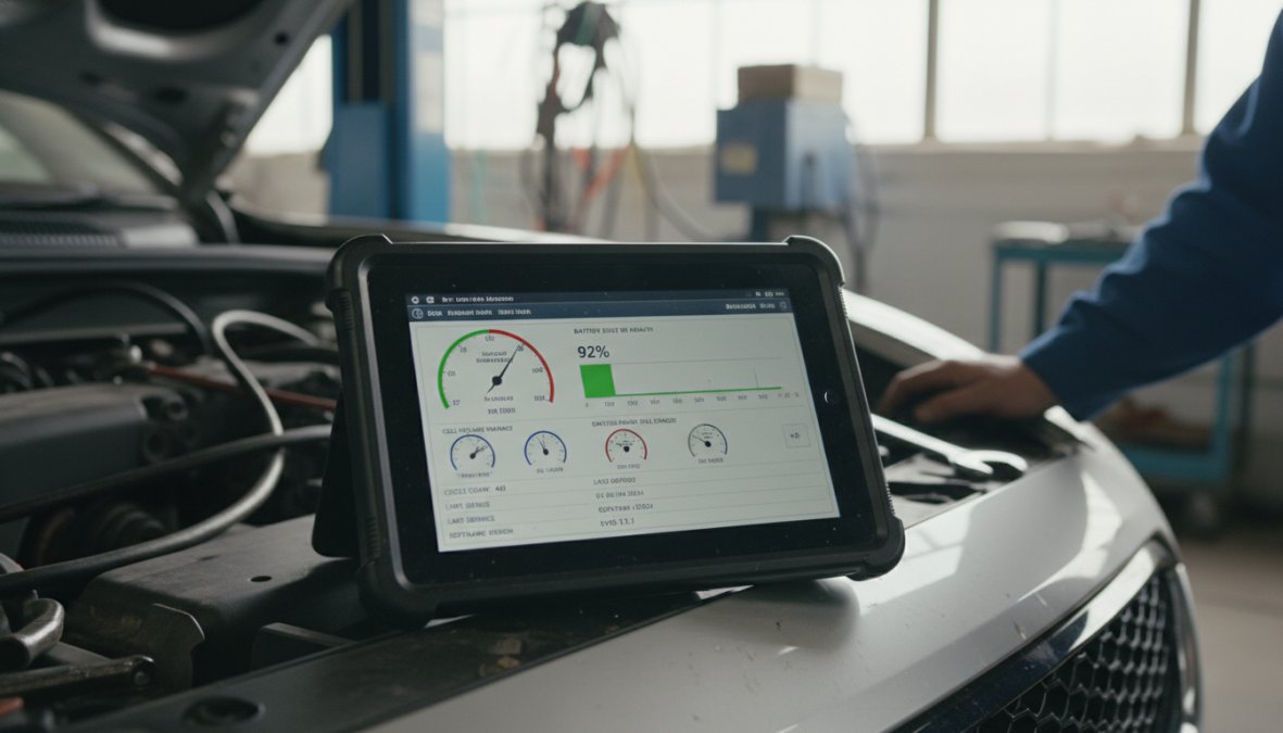Close-up of a technician's hands holding a tablet displaying a battery state-of-health diagnostic report with percentage readings and cell balance data, in a clean garage workshop environment with an electric vehicle visible in the background