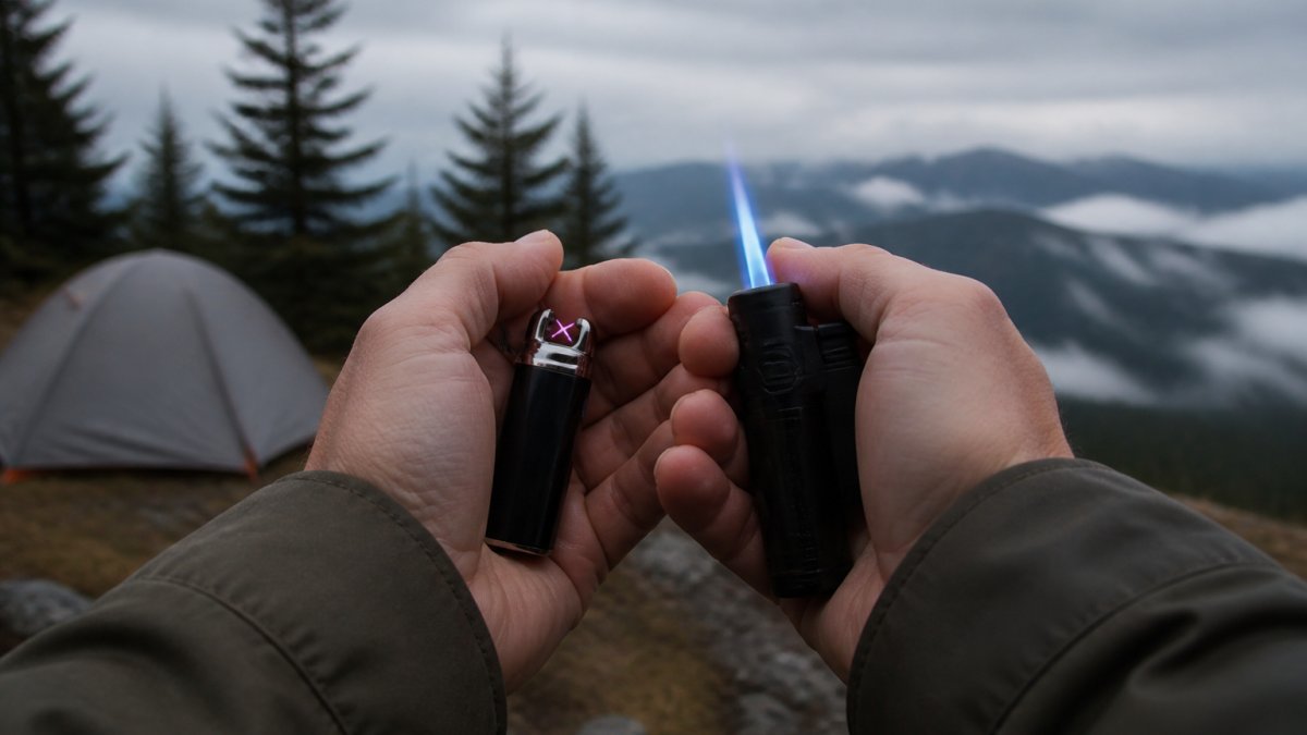 Close-up of hands cupping an electric arc lighter and a butane jet torch lighter side by side on a windy ridge, tent and pine trees blurred in the background