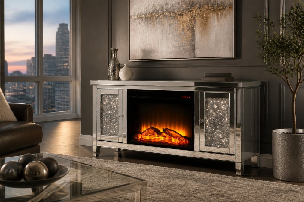 Modern condo living room with an elegant electric fireplace insert featuring realistic LED flame effect and warm ambient lighting, positioned as a focal point with contemporary furniture and soft glowing light reflecting off the walls
