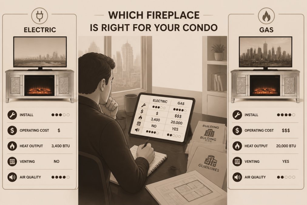 Homeowner reviewing fireplace specifications and building code documentation at a desk with a tablet, notepad, and coffee, carefully considering electric vs gas fireplace options for their condo space