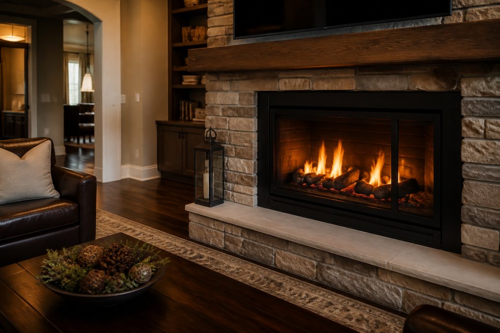Modern living room with a gas fireplace insert glowing with realistic orange and yellow flames, creating warm ambient lighting in a luxury home setting with comfortable seating nearby