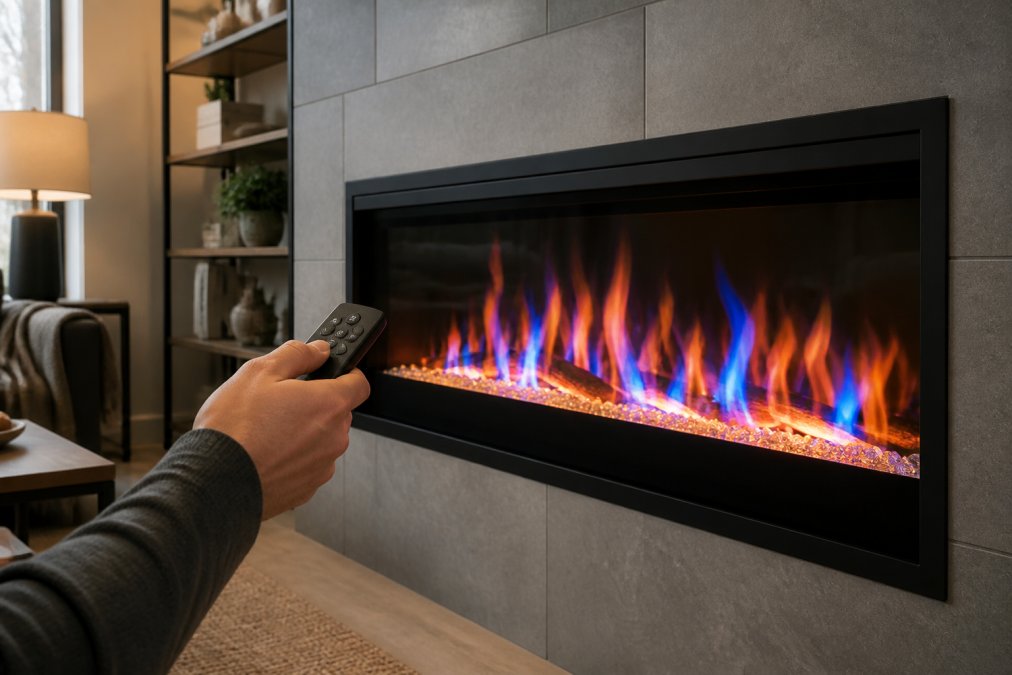 Close-up of an electric fireplace displaying vibrant multi-colored LED flames in orange, blue, and amber hues, with a remote control in hand pointing at the unit, showing customizable flame effects in a modern living room
