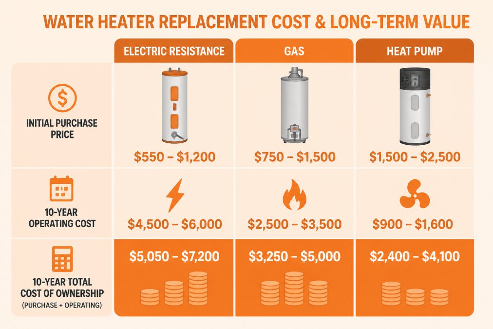 Comparison chart of 10-year operating costs for electric vs gas water heaters and heat pump models