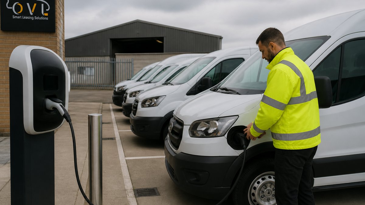 A row of white electric vans parked at a depot charging point in a UK business yard, with a fleet manager in a high-vis jacket checking a charging cable, overcast daylight