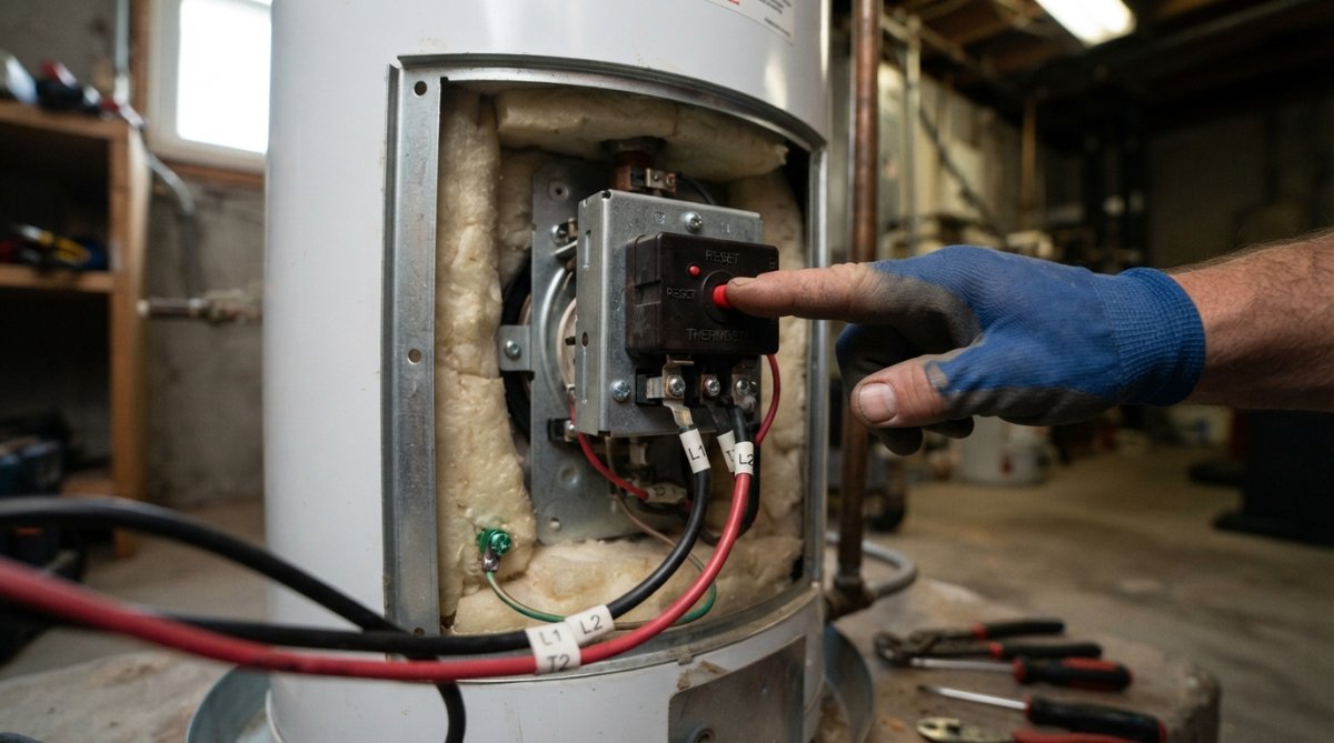 Professional's hand pressing the red reset button on a water heater thermostat, showing the button location clearly on the metal housing behind the access panel