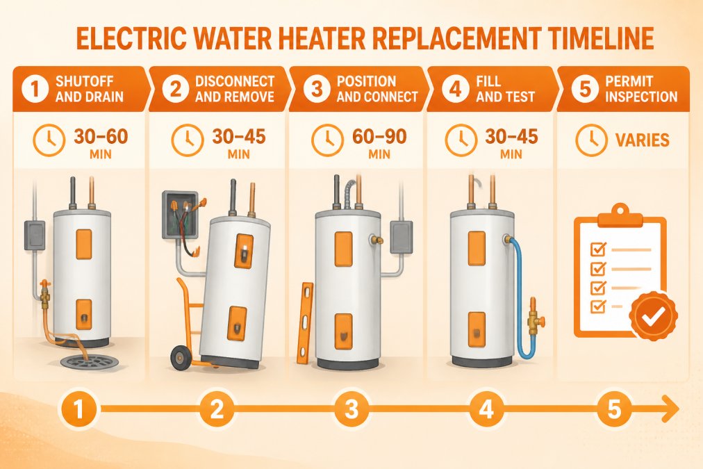 Timeline showing electric water heater replacement phases: shutoff and drain 30-60 min, disconnect and remove 30-45 min, position and connect 60-90 min, fill and test 30-45 min, permit inspection varies