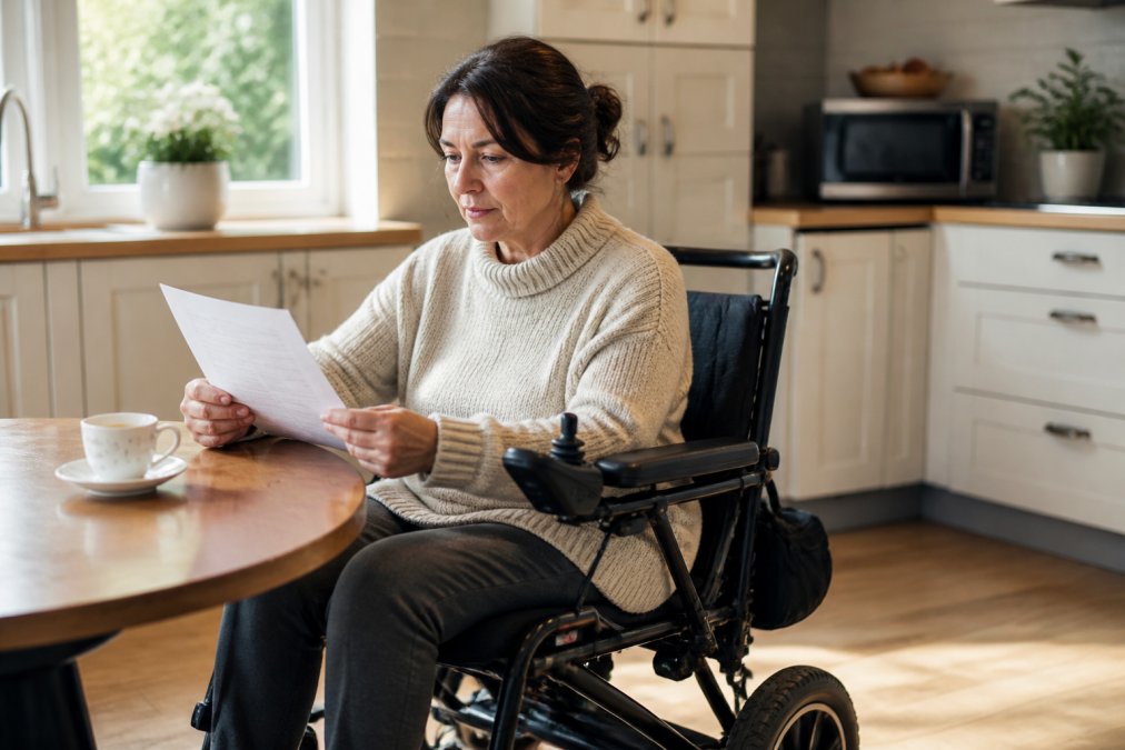 A person sitting in a lightweight folding electric wheelchair reviewing an insurance policy document at a kitchen table, with a cup of tea nearby and natural light coming through a window