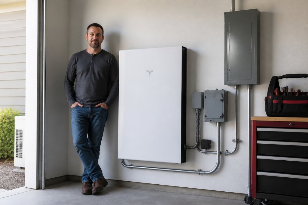 Homeowner standing beside a Tesla Powerwall battery system mounted on a garage wall, with visible white casing and electrical connections, professional installation evident