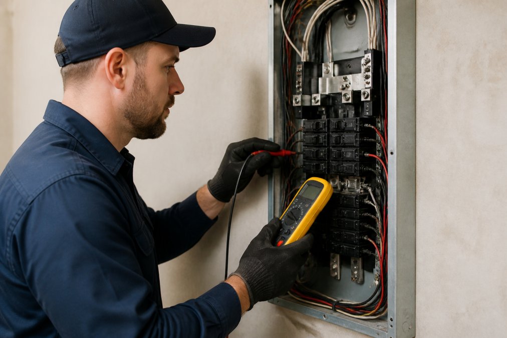 Licensed electrician in work uniform inspecting and testing a home electrical breaker box panel with diagnostic tools, professional expertise evident in careful examination